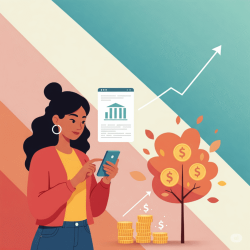 Illustration of a young woman tracking personal finance on a mobile app with coins, dollar tree, and upward graph